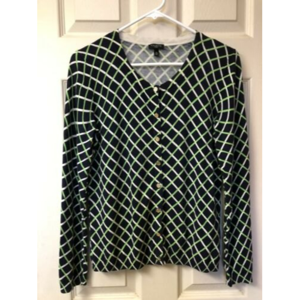 Talbots Petites SP  Sweater Cardigan Black,Green, White Diamond Pattern